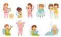 Cute Little Children Getting Ready to Bedtime Brushing Teeth, Reading Book and Sleeping in Their Beds Vector Set