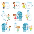 Cute little children having fun and playing with large boxes, mugs and bottles of milk, set for label design. Colorful Royalty Free Stock Photo