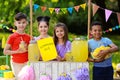 Cute little children at lemonade stand. Summer refreshing natural drink Royalty Free Stock Photo