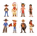 Cute little children in native Indian and western cowboy costumes. Children playing in American Indians and Cowboys characters. Royalty Free Stock Photo