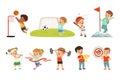 Cute little children playing different sports, footbal, soccer, golf, basketball, baseball, archery, mountaineering Royalty Free Stock Photo