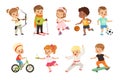 Cute little children playing different sports, soccer, basketball, archery, karate, cycling, roller skating