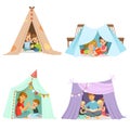 Cute little children playing with a teepee tent, set for label design. Cartoon detailed colorful Illustrations