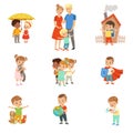 Cute little children protecting their family, friends, animals and the planet set vector Illustrations on a white