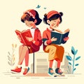 Cute little children reading a book together. Cute boy and girl sitting on the bench in the park. Vector   AI Generated Royalty Free Stock Photo