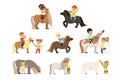 Cute little children riding ponies and taking care of their horses set, equestrian sport, vector Illustrations Royalty Free Stock Photo