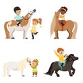 Cute little children riding ponies and taking care of their horses set, equestrian sport, vector Illustrations Royalty Free Stock Photo