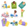 Cute Little Children Sleeping Sweetly in their Beds Set, Boys and Girls Getting Ready to Sleep, Sweet Dreams of Adorable