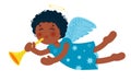 Cute little Christmas angel with trumpet. African-american baby girl. Cartoon character. Vector illustration.