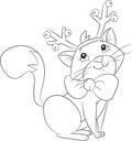 Cute little Christmas cat with reindeer antlers, for children`s coloring book