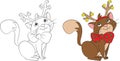 Cute little Christmas cat with reindeer antlers, perfect for children`s coloringbook