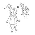 Cute little Christmas Elf boy. Vector hand drawn outline Cartoon character. Simple illustration for New year and xmas Royalty Free Stock Photo