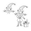 Cute little Christmas Elf girl. Vector hand drawn outline Cartoon character. Simple illustration for New year and xmas Royalty Free Stock Photo