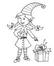 Cute little Christmas Elf girl. Vector hand drawn outline Cartoon character. Simple illustration for New year and xmas design, Royalty Free Stock Photo