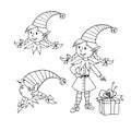 Cute little Christmas Elf girl. Vector hand drawn outline Cartoon character. Simple illustration for New year and xmas design, Royalty Free Stock Photo