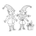 Cute little Christmas Elves girl and boy. Vector hand drawn black outline Cartoon characters. Simple illustration for New year and