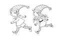 Cute little Christmas Elves girl and boy. Vector hand drawn black outline Cartoon characters. Simple illustration for New year and