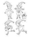 Cute little Christmas Elves girl and boy. Vector hand drawn black outline Cartoon characters. Simple illustration for New year and