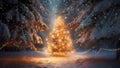 A cute little Christmas tree, illuminated with twinkling lights, under the larger snowy fir trees in winter forest at night