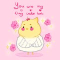 cute yellow chubby parrot on a pink background with sparkles and sketch flowers with the inscription