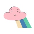 Cute little cloud with rainbow tile. Kawaii pink happy squint cloudlet. Great design for any purposes. Happy birthday, party,