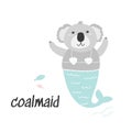 Cute little Coala Mermaid illustration. Cartoon character.