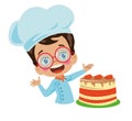 cute Little Cook Boy Making Strawberry Birthday Cake