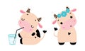 Cute Little Cow Calf with Hoof Drinking Milk and Wearing Flower Wreath Vector Set Royalty Free Stock Photo