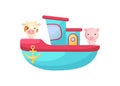 Cute little cow and pig sailing on turqoise ship. Cartoon character for childrens book, album, baby shower, greeting card, party Royalty Free Stock Photo