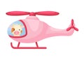 Cute little cow pilot in pink helicopter. Cartoon character for childrens book, album, baby shower, greeting card, party Royalty Free Stock Photo