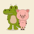 Cute and little crocodile and pig characters