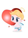 Cute little cupid, angel with blond hair holding a big red heart, vector illustration Royalty Free Stock Photo