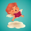 Cute little cupid reading a book floating on cloud. Isolated Royalty Free Stock Photo