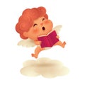 Cute little cupid reading a book floating on cloud on white background. Isolated