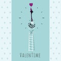 Cute little cupid stays on the ladder and aims the arrow on the heart. It`s Valentine`s time. ValenTime. Greeting Valentines car Royalty Free Stock Photo