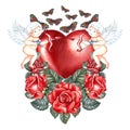Cute little cupids with a bow on a red heart with roses and butterflies. Hand-drawn watercolor illustration. For