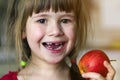 A cute little curly toothless girl smiles and holds a red apple. Portrait of a happy baby eating a red apple. The child loses milk Royalty Free Stock Photo