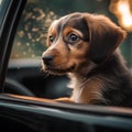 Cute little dachshund puppy looking out the car window