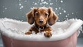 Cute little dachshund puppy taking a bath with foam.