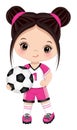 Cute Little Dark-Haired Girl Holding Soccer Ball. Vector Girl with Football Ball Royalty Free Stock Photo