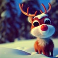 Cute little deer Rudolph in a snow-covered forest. Render of a Christmas character Royalty Free Stock Photo