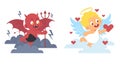 Cute little devil and angel. Heaven and hell adorable characters. Baby in costume, Golden halo, bat wings and tail. Good