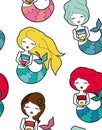 Cute little different hair mermaid with crown and flower seamless pattern