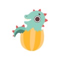 Cute Little Dino Hatched from Egg, Adorable Baby Dinosaur Character Vector Illustration