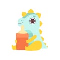 Cute Little Dino with Milk Bottle, Adorable Baby Dinosaur Character Vector Illustration Royalty Free Stock Photo