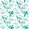 Cute Little Dino Pterodactyl Flying Seamless Pattern Isolated on White Vector Illustration