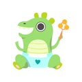 Cute Little Dino Wearing Diaper Sitting with Rattle, Green Adorable Baby Dinosaur Character Vector Illustration Royalty Free Stock Photo