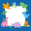 Cute little dinosaurs with a frame in hand-drawn cartoon style. Funny colorful characters with volcano, palm tree