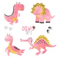 Cute little dinosaurs set in pink, golden and black colors