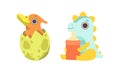 Cute Little Dinosaurs Set, Sweet Colorful Dino Babies Hatching from Eggs and Drinking Milk Cartoon Vector Illustration Royalty Free Stock Photo